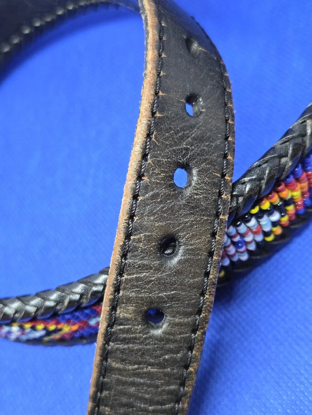 Vintage Beaded Black Leather Western Belt Size 34 Braided Trim Silver Buckle